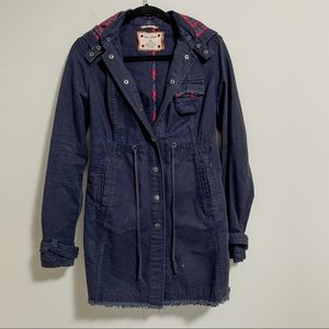 Vintage 90s Free People Navy Blue Hooded Cotton Distressed Long Jacket Snap 4